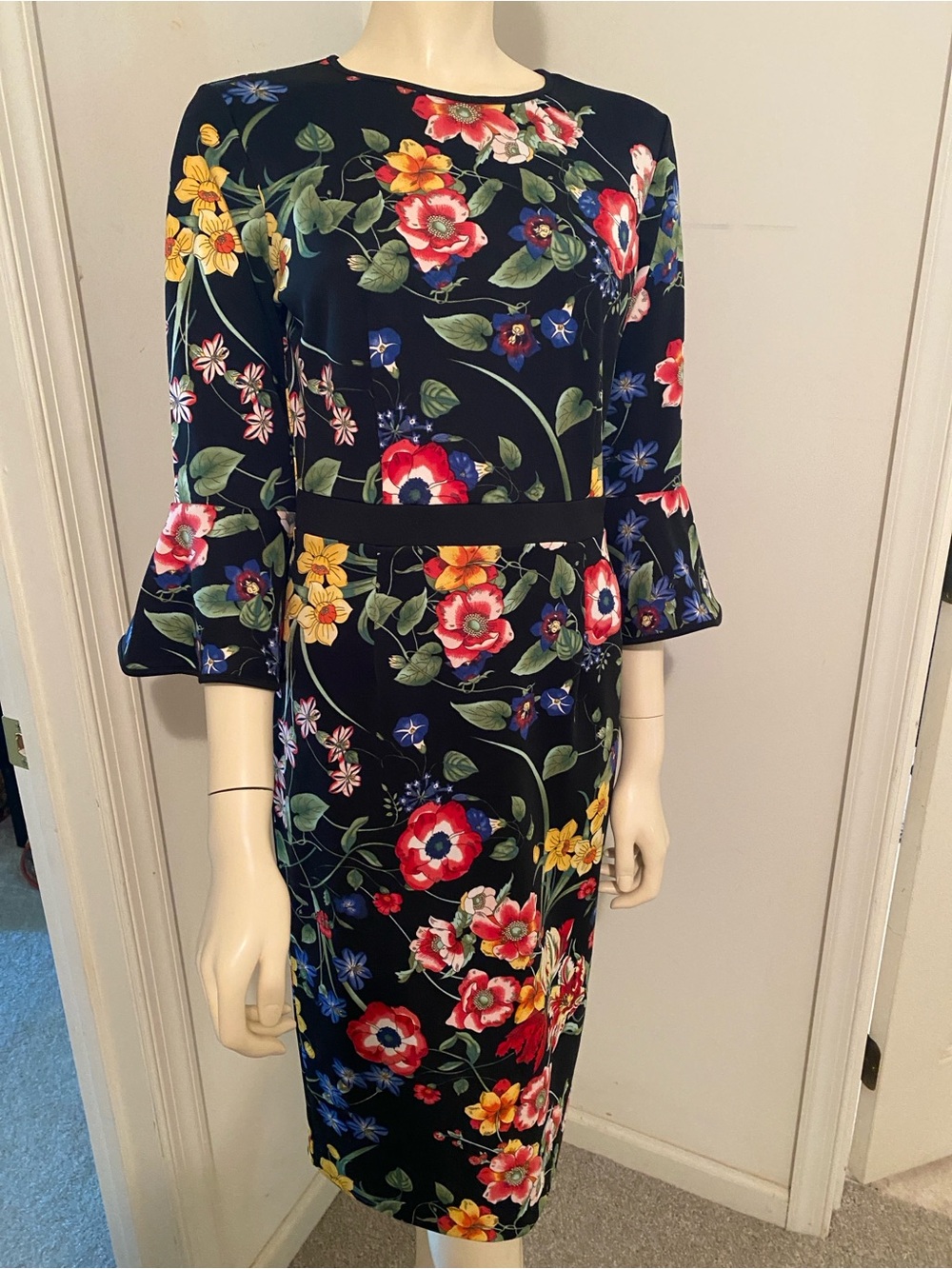 New York & Company Black Floral Midi Dress with Bell Sleeves